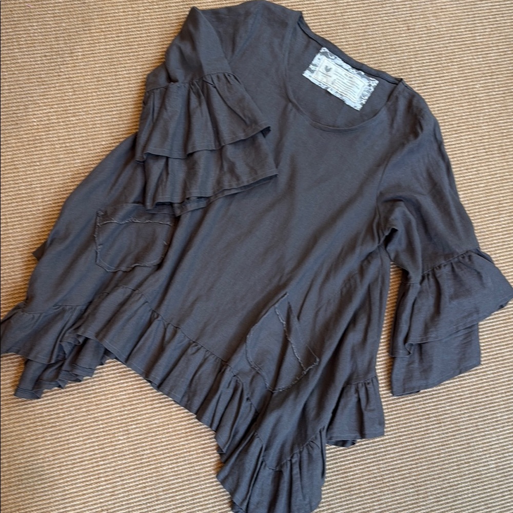 Farmhouse Frocks Charcoal Gray Ruffle Tunic w/ 3/4 Double Ruffle Sleeves